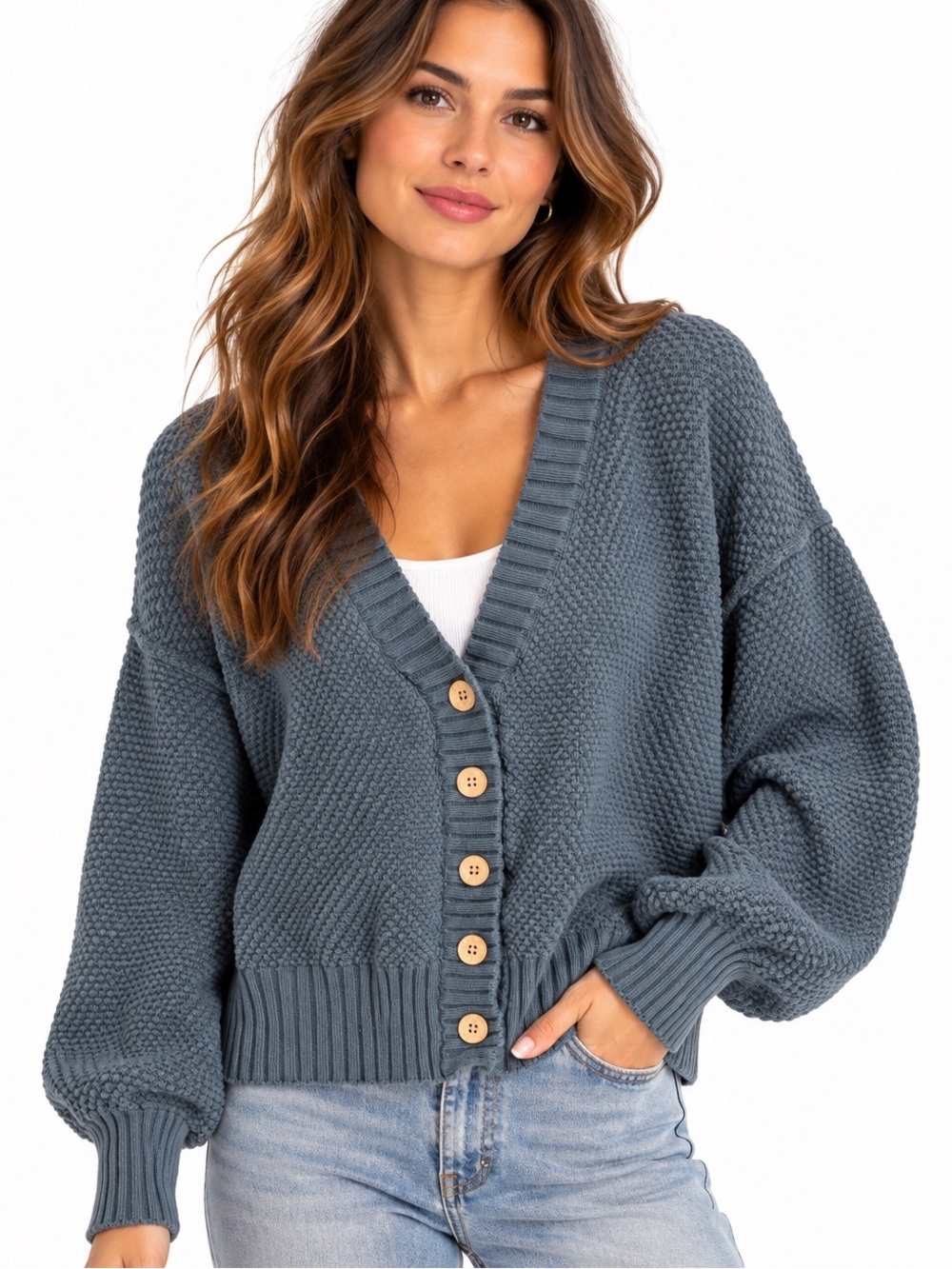 Free People FP Beach Smoky Slate Teal Textured Knit Cropped Cardigan M